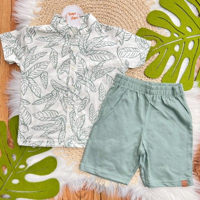 Conj. Camiseta Folhagem Gola Padre e Bermuda - Verde e Off White